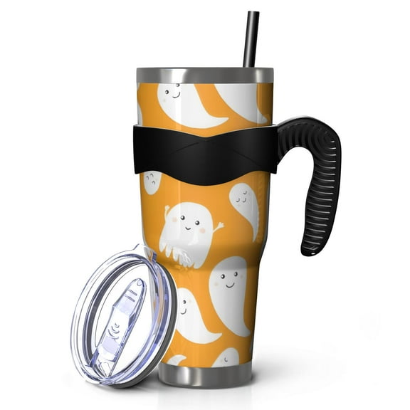 40oz Tumbler,Orange Halloween Cute Ghosts Insulated Tumblers with Removable Handle,Stainless Steel Double Vacuum Coffee Tumbler Cup with Straw for Home,Office,Travel,Party