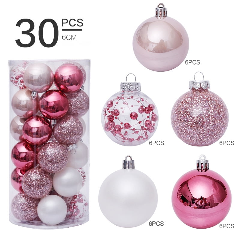 6 Christmas Shabby Pink Glitter Sphere Ball Tree Shatterproof Ornaments Lot Set 