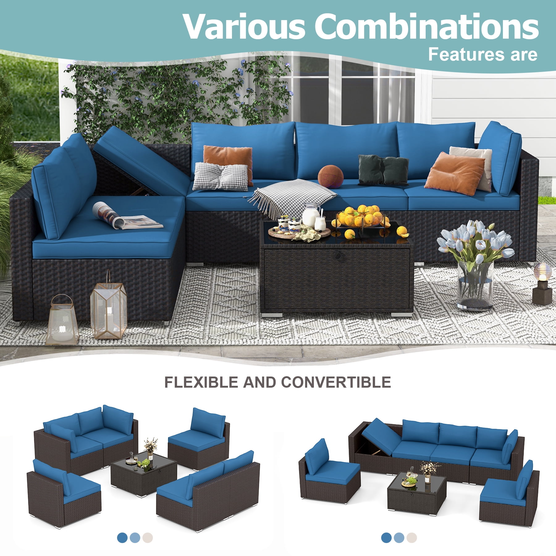 HOMREST 7-Piece Rattan Wicker Outdoor Sectionals with Adjustable Bracket, Blue