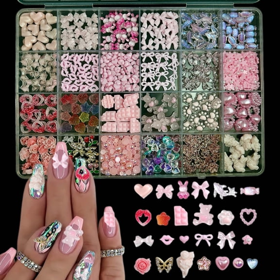 1 Box 3D Resin Pink Series Multi Style Nail Art Decoration Butterfly Bow Flower Bear Heart Shaped Nail Charms DIY Accessories