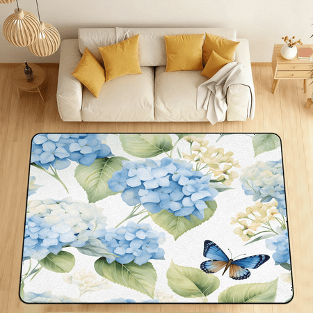 CURLYOOT Hydrangea Flower Leaf Area Rugs 5 x7 Washable Rug Large Living Room Rug Non Slip Indoor Floor Carpet for Dining Room Bedroom Home