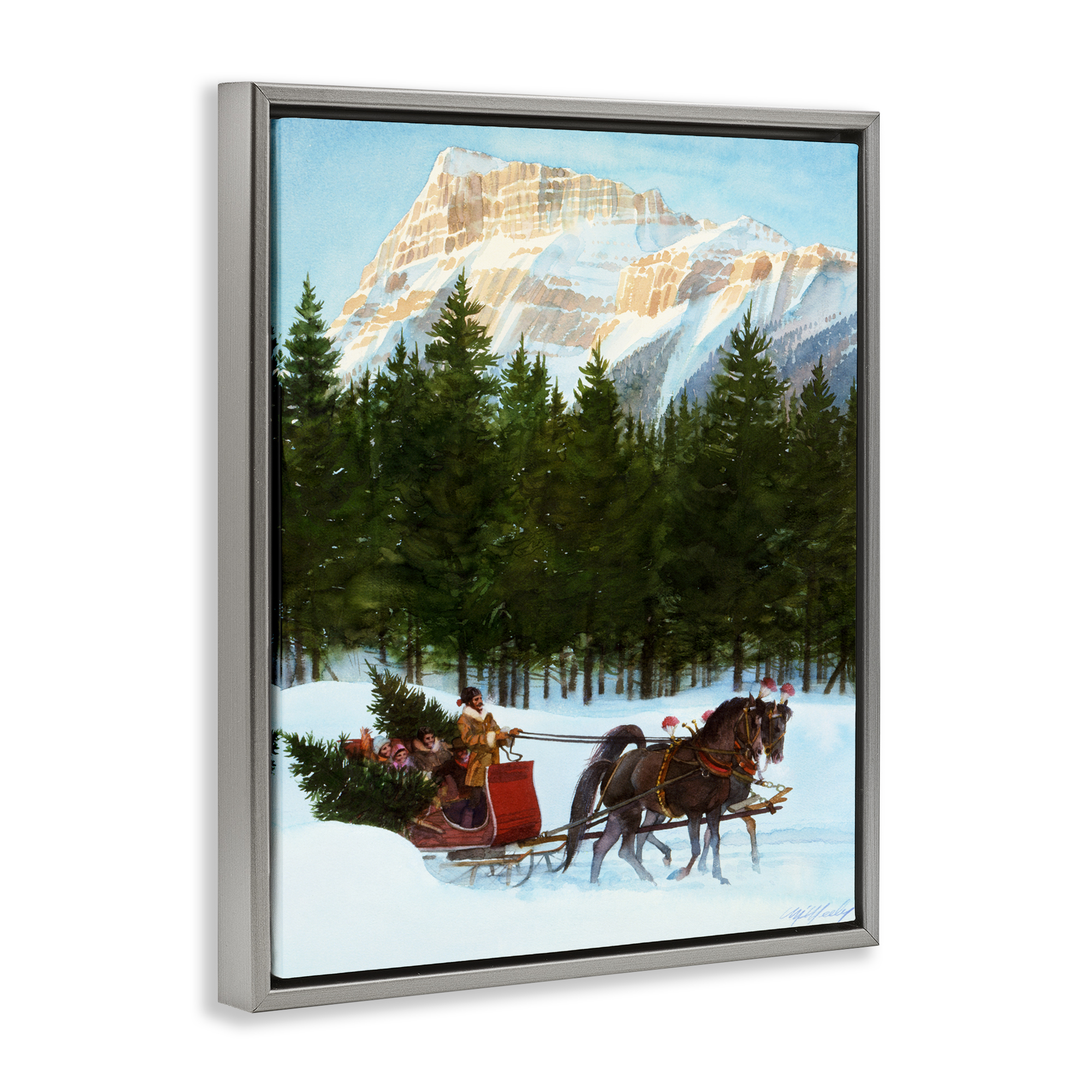 Sleigh Ride Carrying Trees Gray Framed Floater Canvas Wall Art, design by Wind River Studios