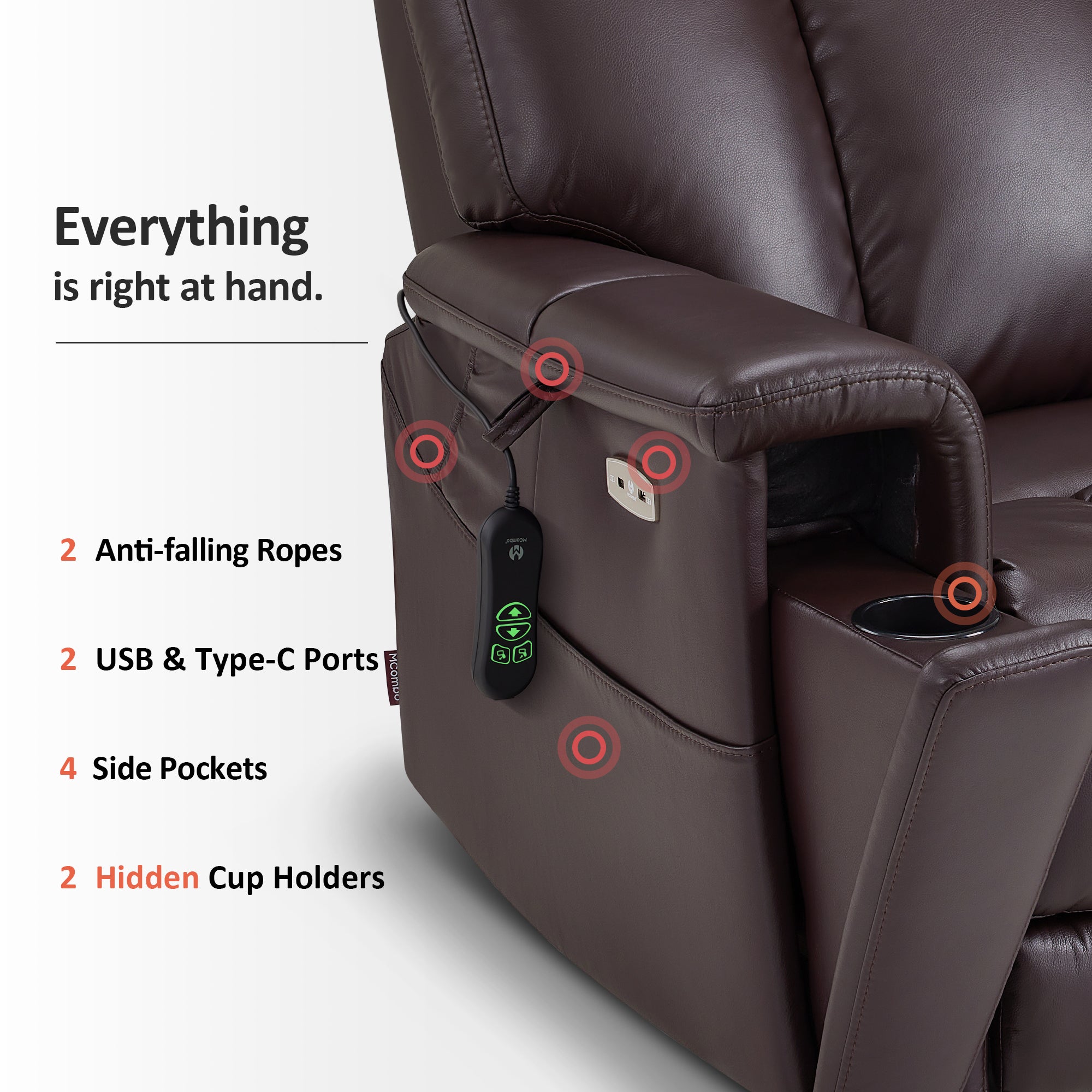 MCombo 450LB Oversized Dual Motor Power Lift Recliner Chair for Big Tall Elderly, Hidden Cup Holders, Faux Leather, Dark Brown