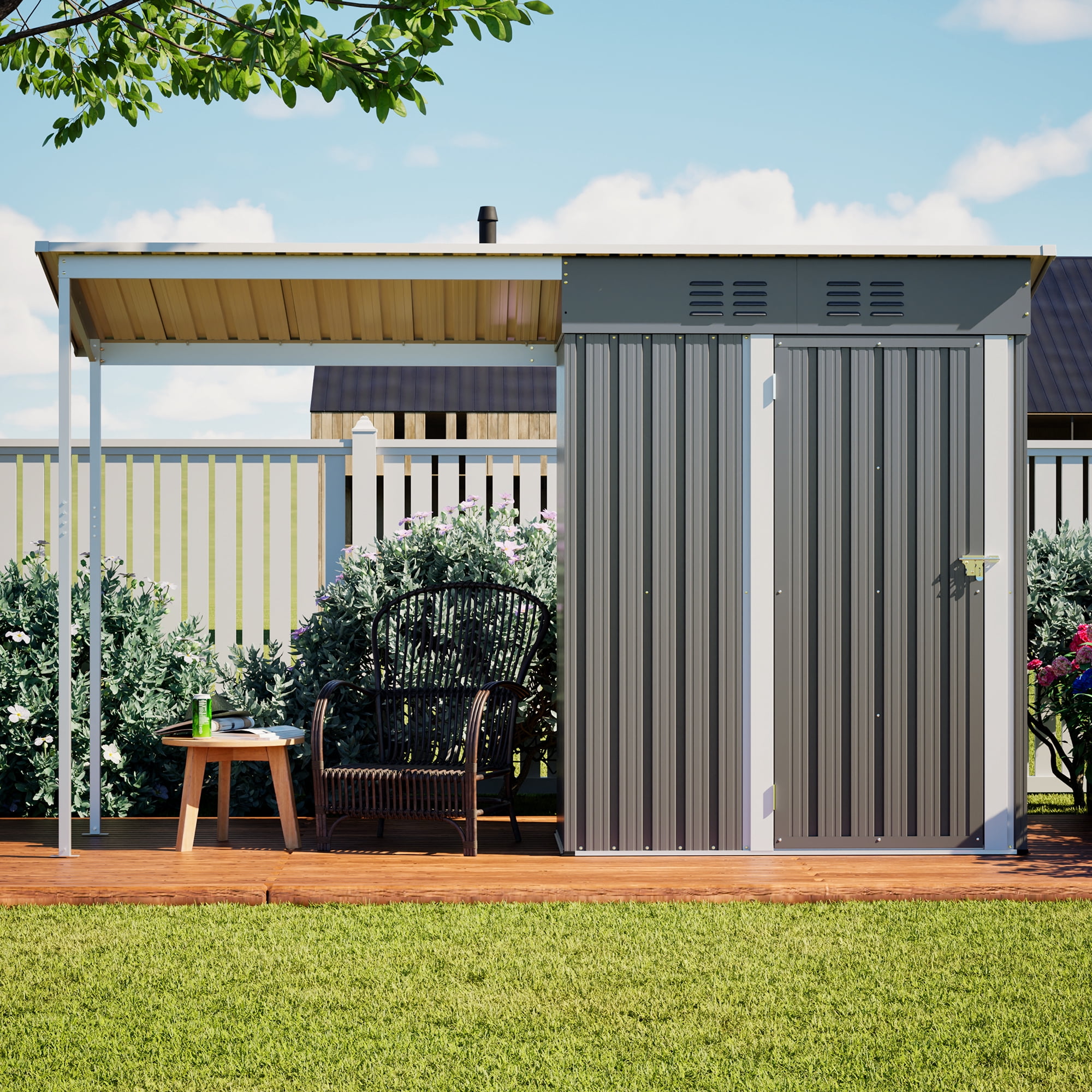 Thanaddo 5x3 FT Galvanized Steel Storage Shed, 2-in-1 Lean-To Outdoor Unit with Gazebo Cover and Easy Assembly