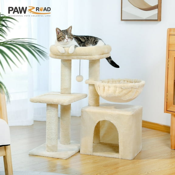 PAWZ Road Cat Tree 28.3" Cat Tower with Large Basket Top Perch and Scratching Posts Pad for Indoor Cats, Beige