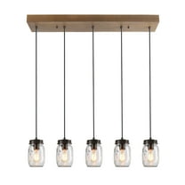 LNC 5 Lights Oil Rubbled Bronze and Wood Mason Jar Glass Shape Linear Farmhouse Chandelier