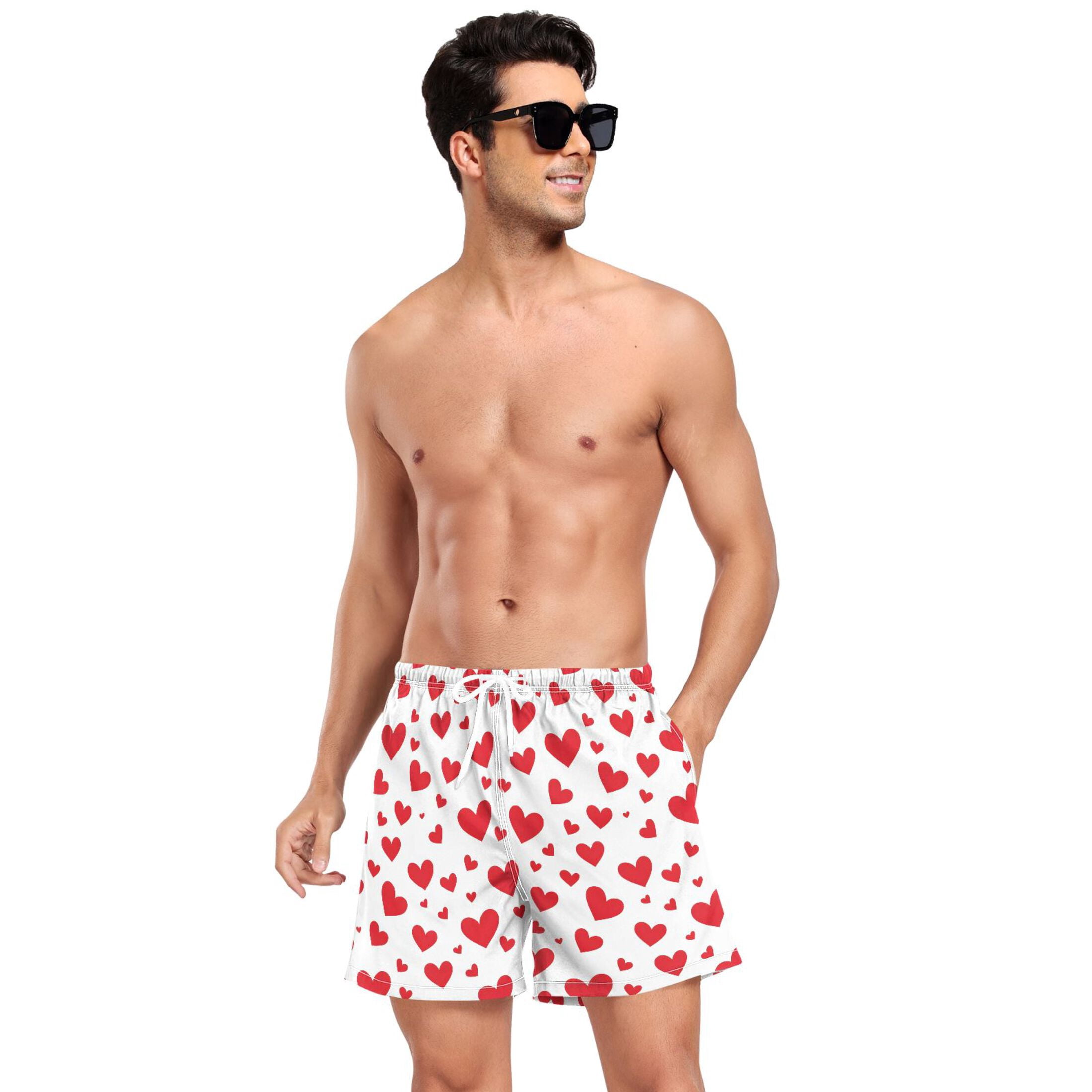 joogoo Men's Red Hearts Swim Trunks with Liner Pocket Beach Shorts M