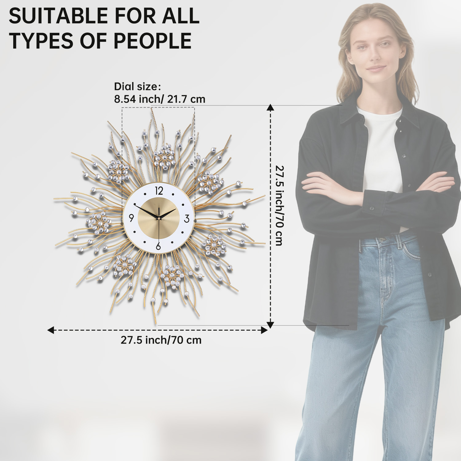 Luxury Sunburst Wall Clock with Crystal Accents -27.5 Inches Clock  Christmas & New Year Modern Decor for Living Room, Bedroom, Office