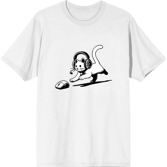 Gaming Cat Chasing Computer Mouse Adult White Crew Neck Short Sleeve Tee-XS