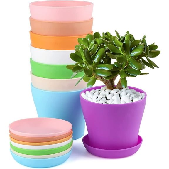 8Pcs 4 inch Plastic Plant Pots, Colorful Small Flower Pots with Pallet, Flower Plant Container Seed Starting Pots for All House Plants, Herbs and Seedling Nursery