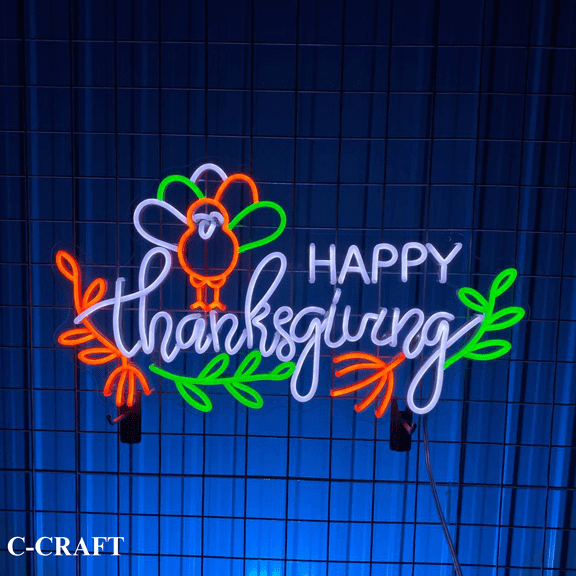 C-CRAFT Happy Thanksgiving Turkey Neon Sign LED Light 25 inch for Wall Decor