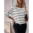 thumbnail image 2 of Womens 3/4 Length Sleeve Tops Striped Boat Neck Shirt Frenchy Cotton Tees Black XXL, 2 of 7