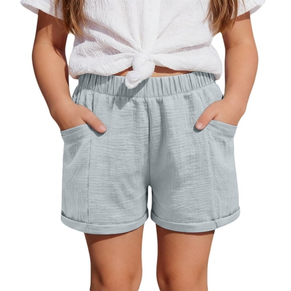 FINALGANG Girls Kids Solid Colro Elastic Waist Casual Shorts With Pockets Lightweight Breathable Summer Shorts For Daily Playwear Beach Grey 10-11 Years