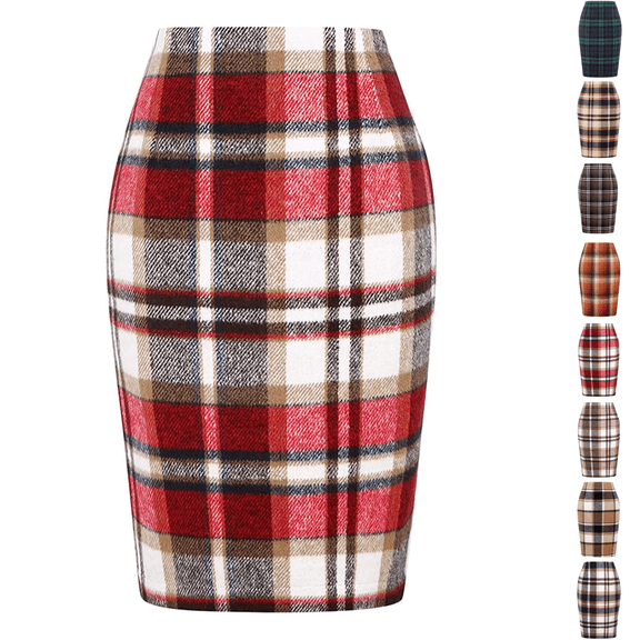 Cyglowse Womens Knee Length Elastic Waist Stretchy Bodycon Plaid Business Pencil Skirt