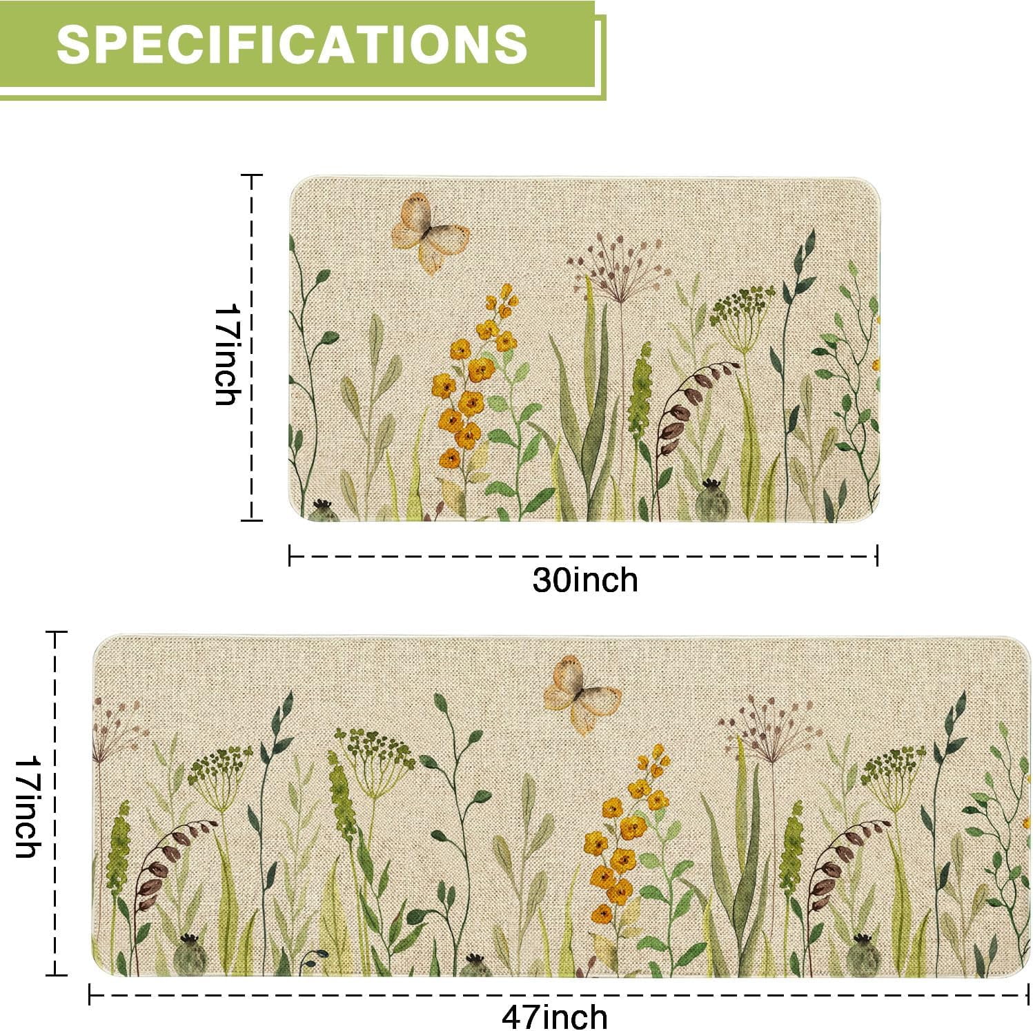 Flower Kitchen Rug Sets 2 Piece Farmhouse Flowers Kitchen Mats for Floor Non Slip Washable Thin Kitchen Area Rug Floor Mat Waterproof Hallway Laundry Room Runner Rug