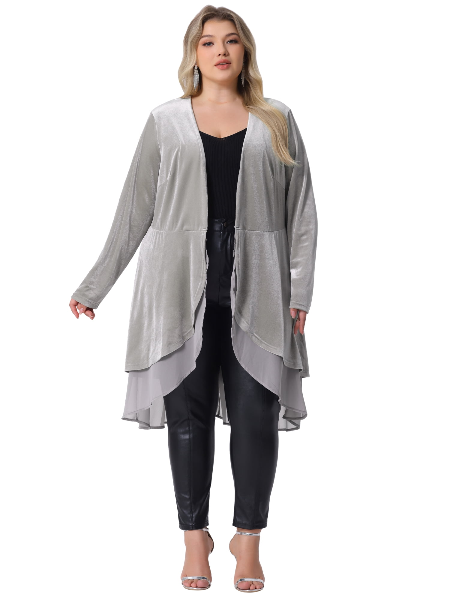 DARING DIVA Women's Plus Size Ruffled Asymmetric Open Front Velvet Jackets 3X Silver