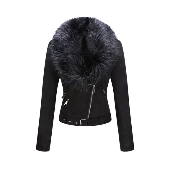 Giolshon Women's Faux Suede Leather Short Jacket Motocycle Sherpa-Lined Coat with Detachable Faux Fur Collar