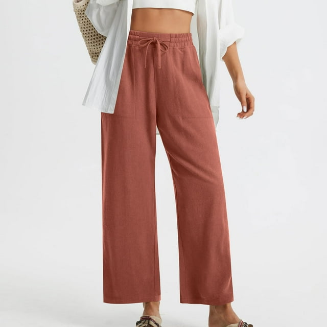 Soki Women's Cotton Linen Drawstring Pants Wide Leg Beach Trousers with Pockets, Slit Hem