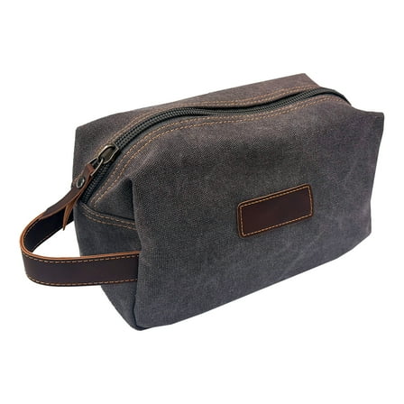 Eurow Luxe Mens Premium Gray Canvas Toiletry Bag With Faux Leather Handstrap