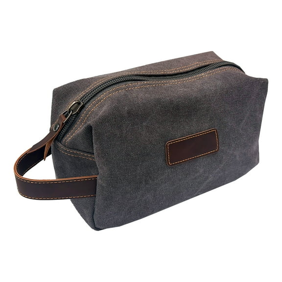 Eurow Luxe Mens Premium Gray Canvas Toiletry Bag With Faux Leather Handstrap