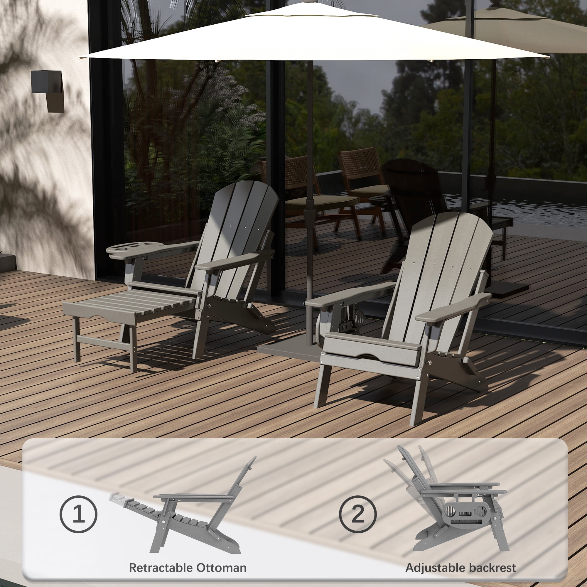 2PCS Folding Adirondack Chair with Retractable Ottoman, HDPE All-Weather Resistant Adjustable Backrest Adirondack Chair w/4 in 1 Cup Holder Trays, Wood Texture Grey
