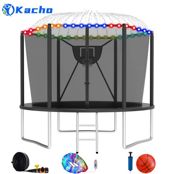 Kacho Trampoline 10FT, 1000LBS Trampoline for 1-2 Kids, Outdoor Trampoline with Safety Enclosure Net, Basketball Hoop, Ball, Light, Sprinkler, No Gap Design Backyard Recreational Trampoline, Black