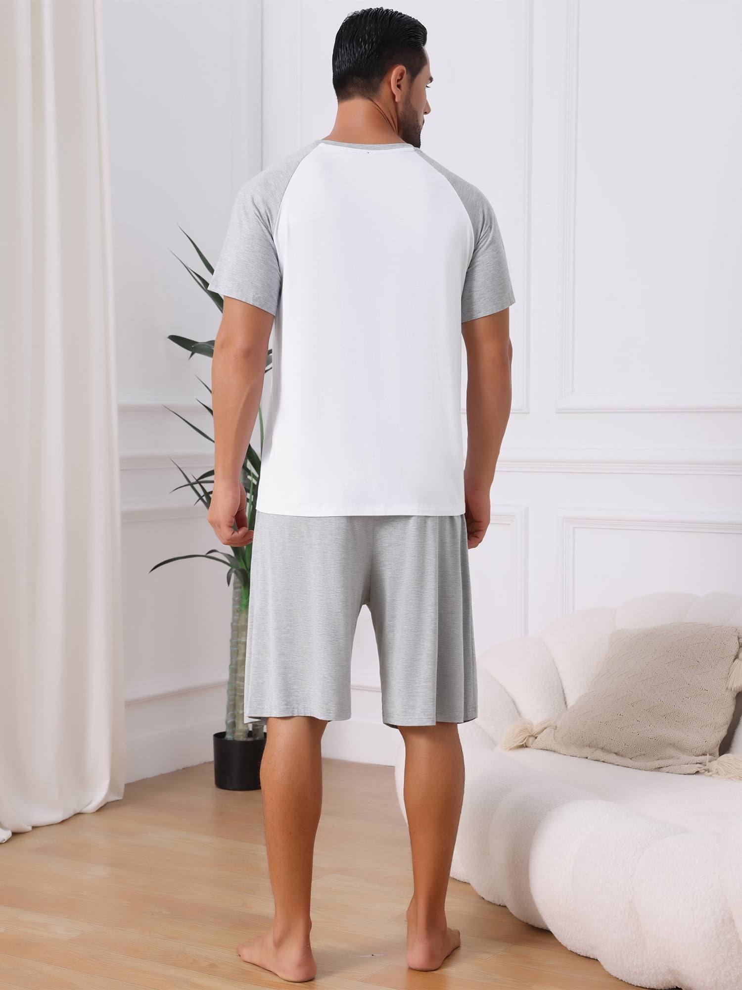 DARING DIVA Men's Sleepwear Pajama Raglan Crew Neck Drawstring Pajama Set L Gray White