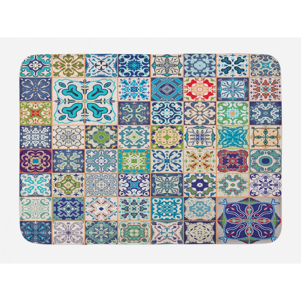 Moroccan Bath Mat, Floral Patchwork Design with Arabesque Figure