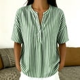 thumbnail image 5 of Womens Tops Elbow Length Sleeve Tshirts for Women Striped Printed Button Up Crew Neck Summer T-Shirts, 5 of 6