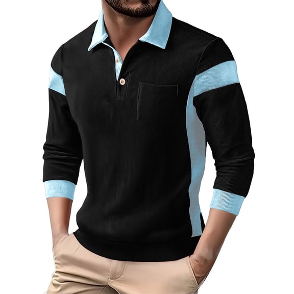 Gamivast Mens Shirts Corduroy Long Sleeve Lapel Collar Sweatshirts Color Block Trendy Casual Pullover with Chest Pocket Work & Outdoor Vacation Outfits