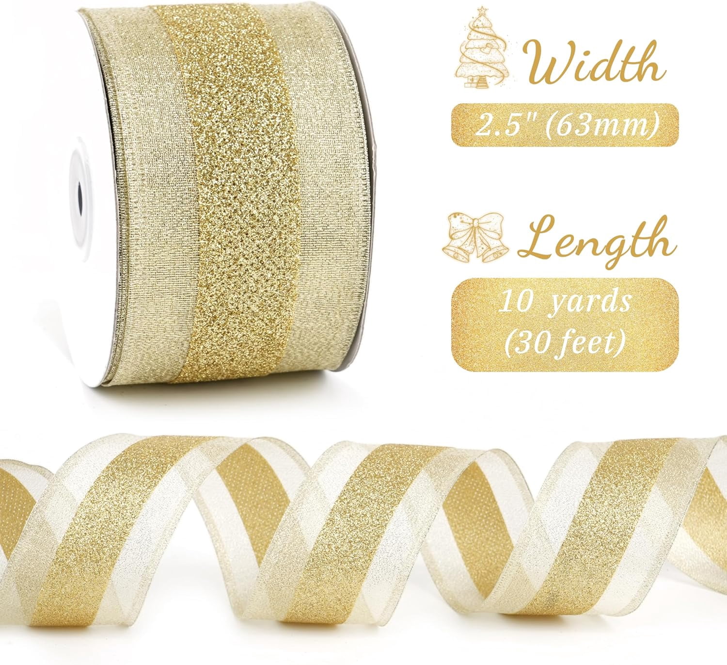 Champagne Gold Wired Ribbon with Gold Center Stripe 2.5" X 10 Yards Metallic Christmas Ribbon Wired for Tree Decoration, Wreaths & Garlands, Crafts Projects, Home Decor