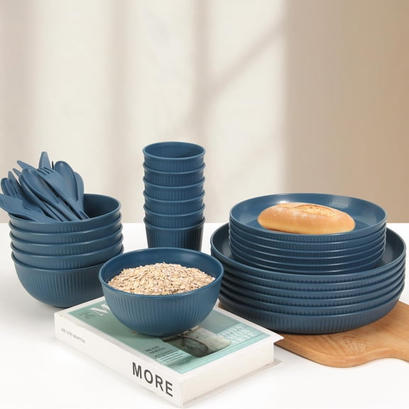 YUYAN-Plates and Bowls Sets Kitchen 42 Pcs, Plastic Wheat Straw Dinnerware Set, Dinner Plate/Dessert Plate/Cereal Bowl/Cup/Flatware Set, Dishwasher Microwave Safe, Outdoor Camping Dishes, Navy