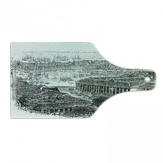 Singapore Cutting Board, Sketchy Vintage Artwork of a City in the Old Times Historic Architecture, Decorative Tempered Glass Cutting and Serving Board, in 3 Sizes, by Ambesonne