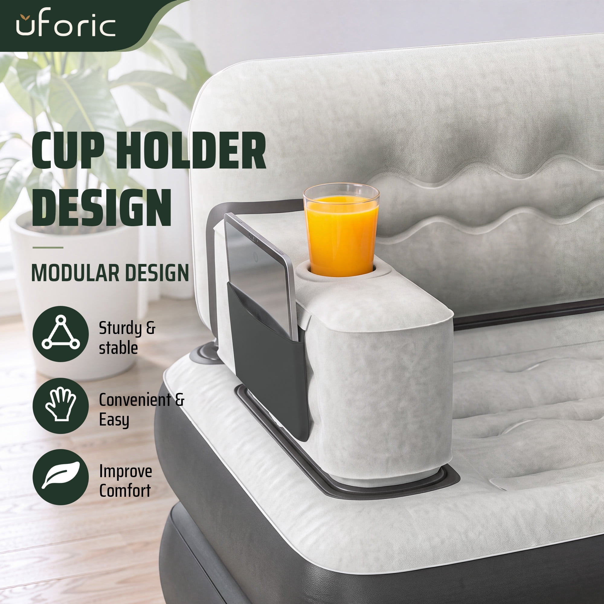 Uforic Queen Size 2-in-1 Convertible Air Sofa Bed with Wave Headboard, Pump, Cup Holders & Storage Pocket for Guest Camping, Gray