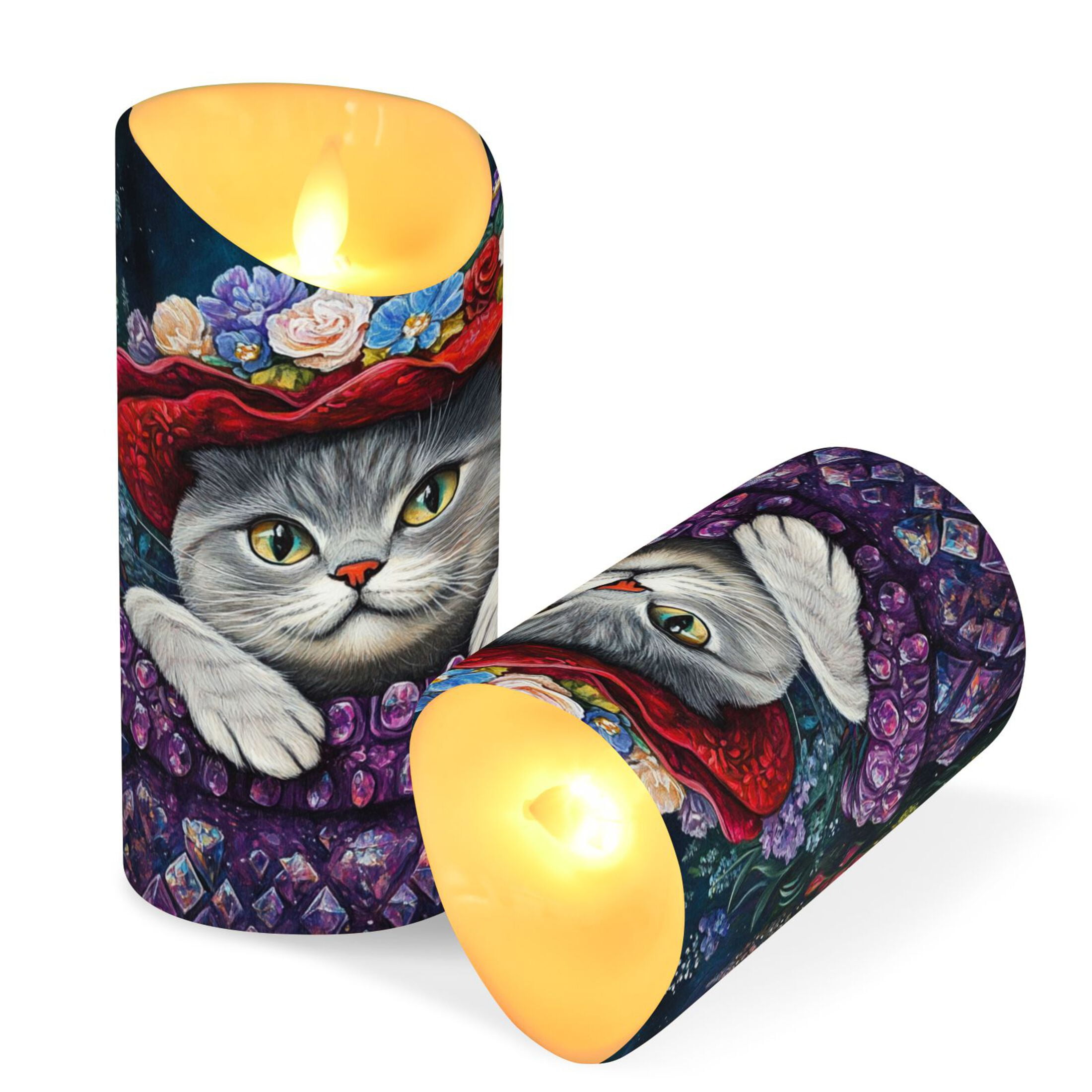 Wobogo Cute Cat Wearing Wreath Flameless Candles with Remote Battery Operated Flickering LED Candles with Timer 2/4/6/8H Medium Size