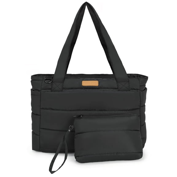 DEFAHN Waterproof Multifunctional Laptop Tote Bag for Women, Lightweight Puffer Tote with 15.6 Inch Compartment and Luggage Strap, Black