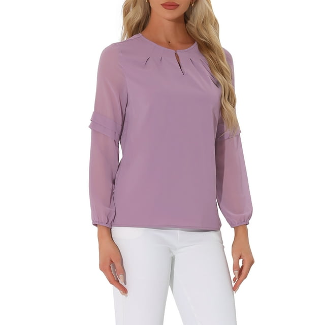 INSPIRAR CHIC Blusa de Chifón para Mujer con Cuello de Llave, Manga de Parchwork, Elegante Top de Trabajo M Color Púrpura Oscuro