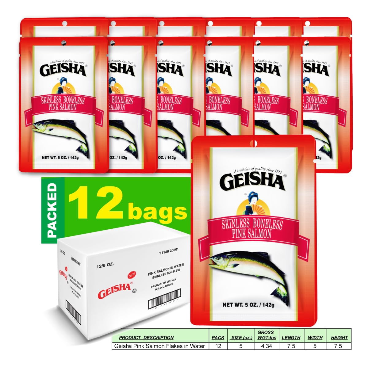 GEISHA Skinless Boneless Pink Salmon 5oz (Pack of 12), Pink Salmon| HALAL - Contains 9g of Protein - Kosher - Zero Trans Fat – Gluten Free - No Sugar Added – Wild Caught