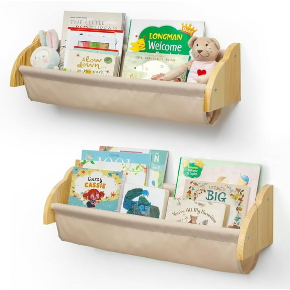 Sumgar Nursery Book Shelves for Kids Rooms Floating Shelf for Wall Mount Bookshelf Book Storage Wooden Organizer Rack for Toddler Baby Childrens Bedroom Playroom, Canvas Set of 2