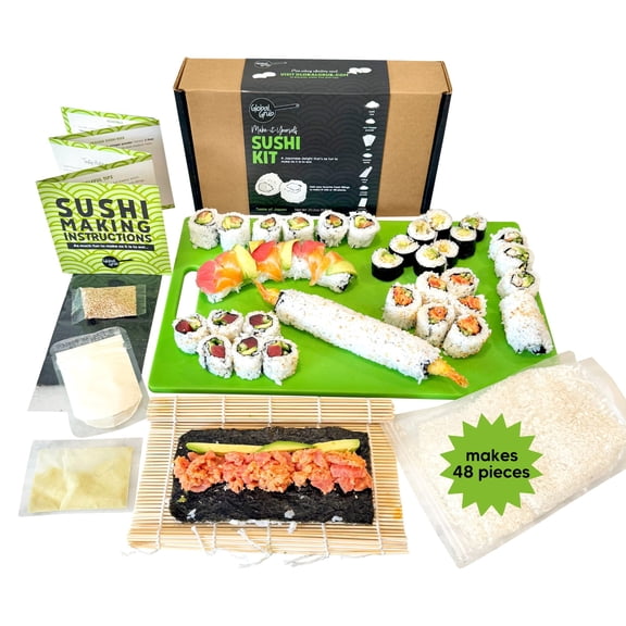 Global Grub DIY Sushi Making Kit w/Sushi Rice, Nori, Wasabi, Rolling Mat | Makes 48 Pieces