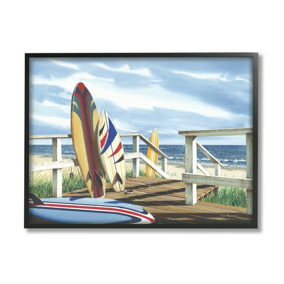 Stupell Industries Surfboards on Beach Deck Nature Painting Black Framed Art Print Wall Art, 14 x 11