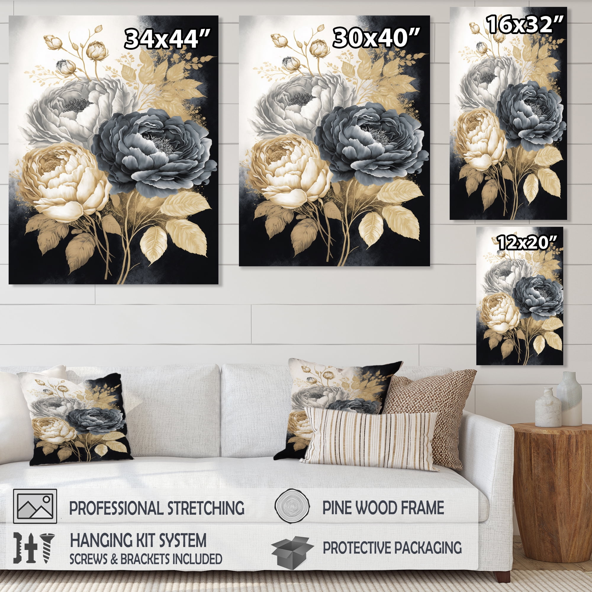 Designart White, Gold And Black Rose Bouquet II Canvas Wall Art