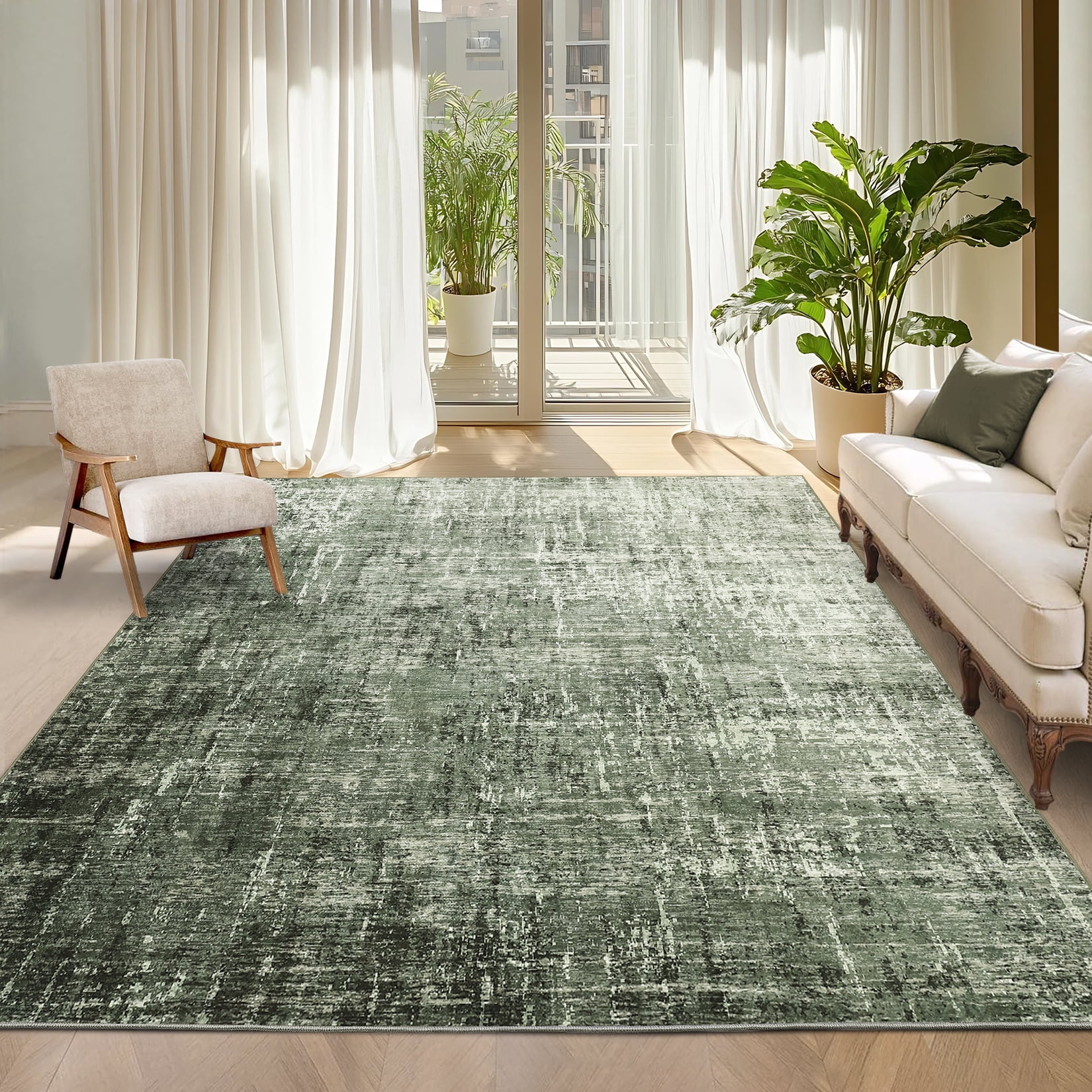 FairOnly 9'x12'Modern Abstract Gradient Color Area Rug Machine Washable Ultra Thin Low Pile Non Slip Carpet for Living Room Dining Room Bathroom,Grey Green