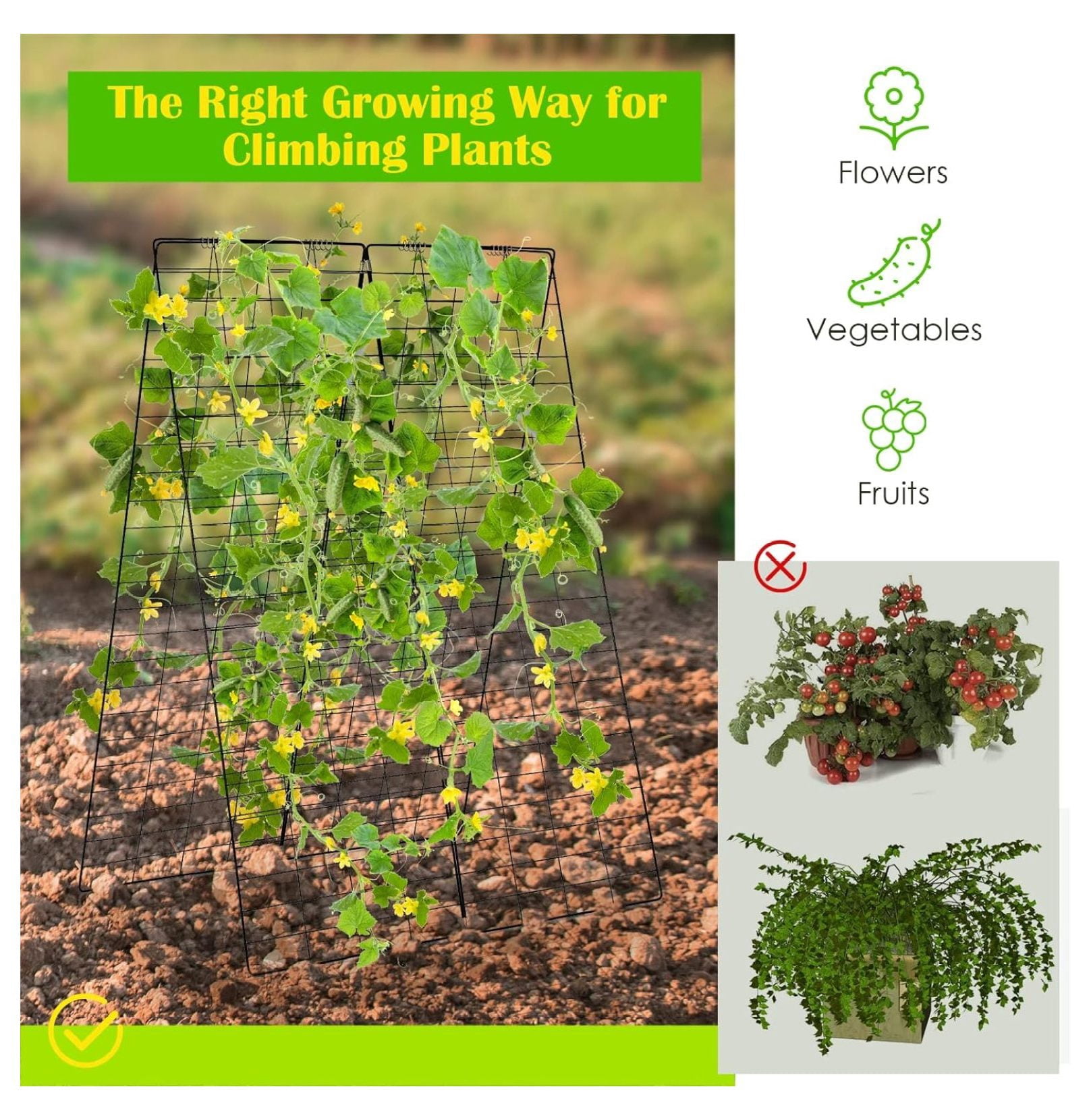 2-Pack Garden Cucumber Trellis, 46 x 34 inch Plant Support with Tie, Spiral Connectors, Cable Ties, Ground Stakes and Clips, Outdoor Garden Trellis for Climbing Plants