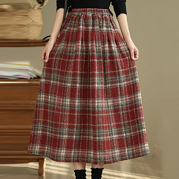 Ndbuld Stretchy Waist Bohemian Cotton Casual Half Skirt Women's Thick Woolen Elastic Waistband Plaid Skirt Retro A-line Skirt Gift for Girls,Red