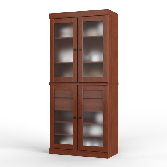 Palace Imports 100% Solid Wood 32" Pantry Cabinet with Frosted Glass Doors, 2-Drawers and Adjustable Shelves, Mocha