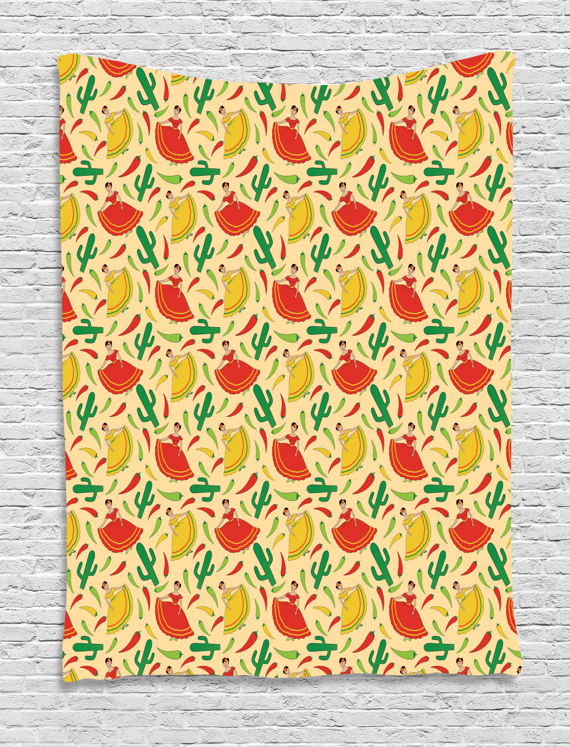 Spanish Tapestry, Dancing Mexican Women Cactus and Chili Peppers
