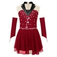 thumbnail image 3 of TiaoBug Kids Girls Sparkly Roller Figure Ice Skating Dress Mesh Splice Ballet Leotard with Gloves Burgundy 14, 3 of 7