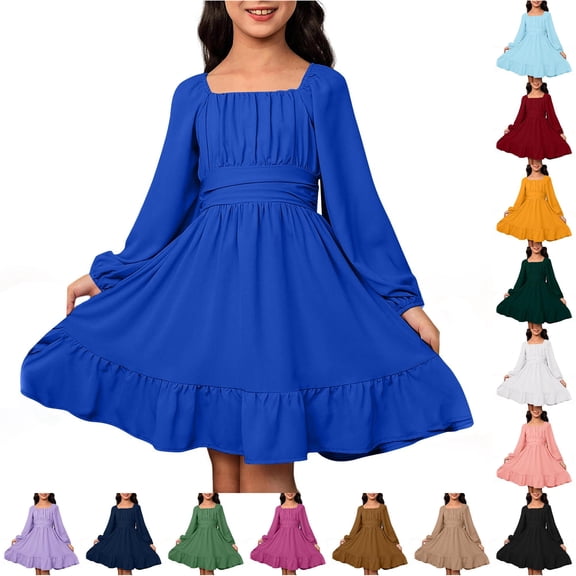 Teen Girls Dress Ruched Bodice Square Neck Long Sleeve Ruffle Dresses for Vacation Autumn Outing Kids Casual Fall Dress