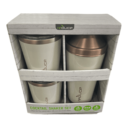 Reduce 3 Pc Cocktail Shaker w 10-oz. Lowball Tumblers Set Lids Shaker - Cream